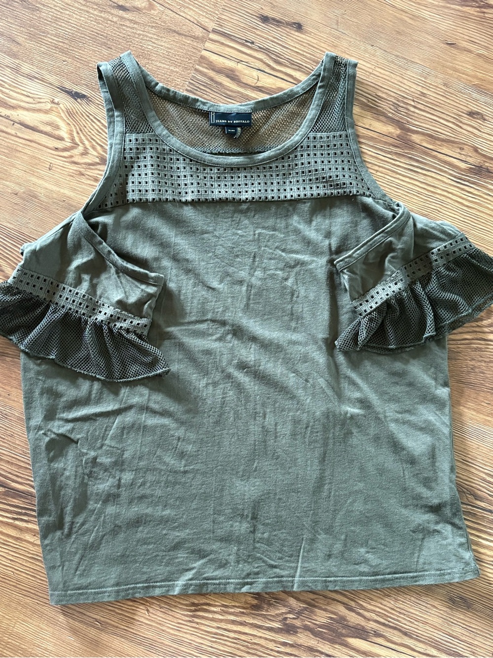 i JEANS BY BUFFALO Top hunter green cold shoulder waffle mesh frilly sleeves XL